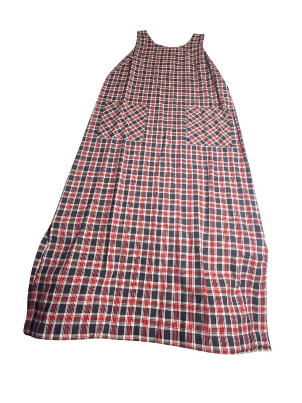 Norton Studio Womens M Plaid Sleeveless Cotton maxi dress Pockets Red & Navy VTG